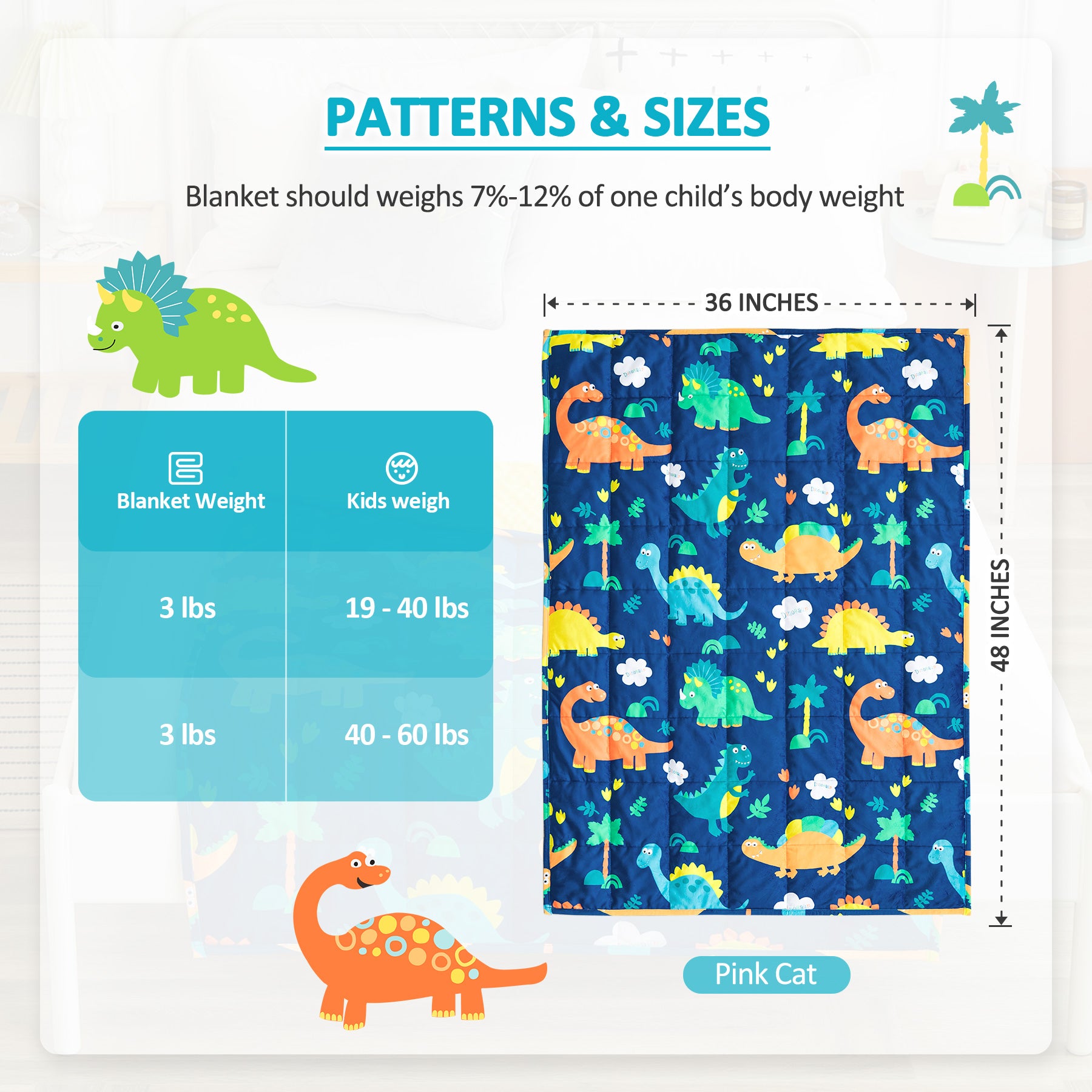 Uttermara Weighted Blanket for Kids 3/5/7lbs Dinosaur