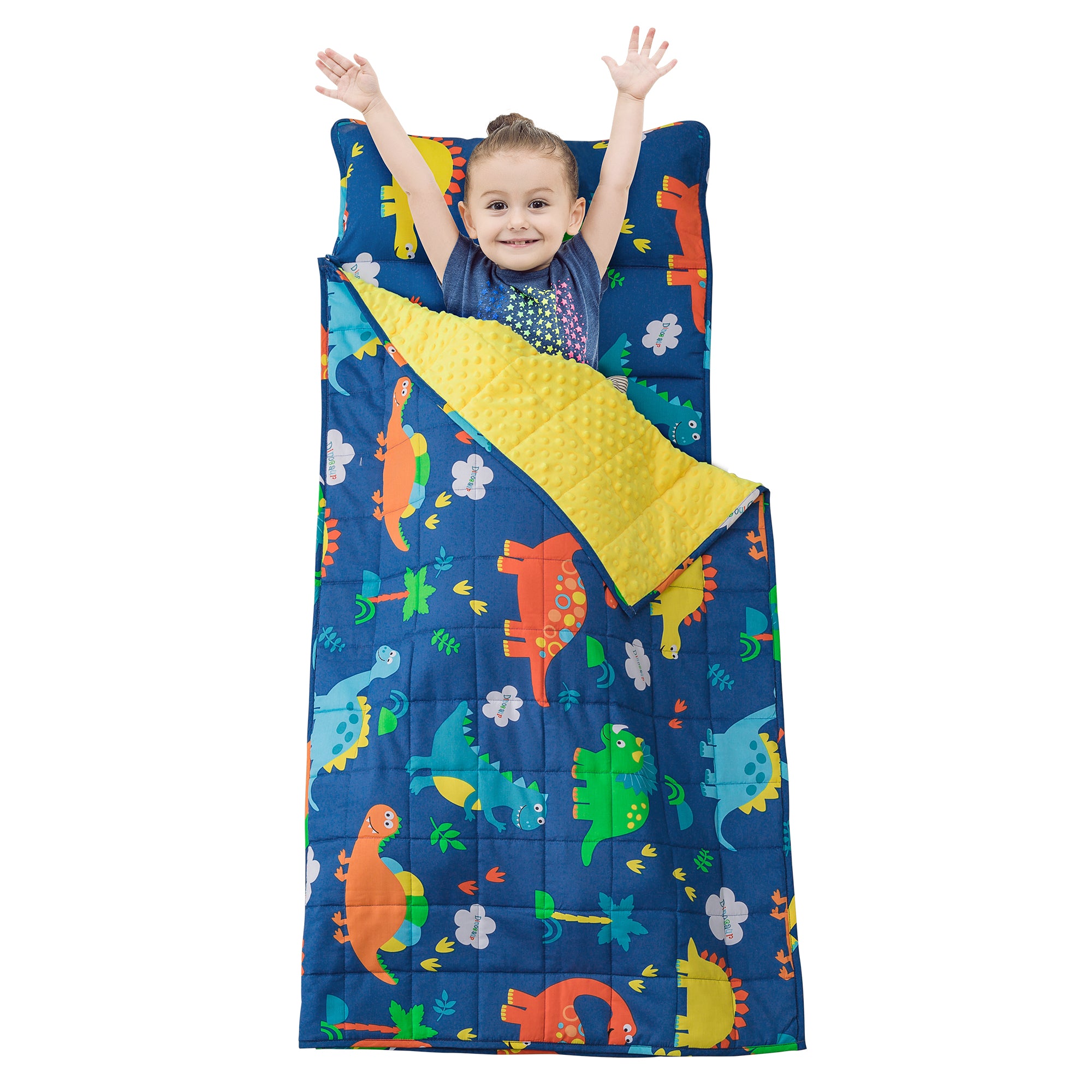 Uttermara 2-in-1 Nap Mat with Weighted Blanket for Kids Blue Dinosaur 50" x 20"