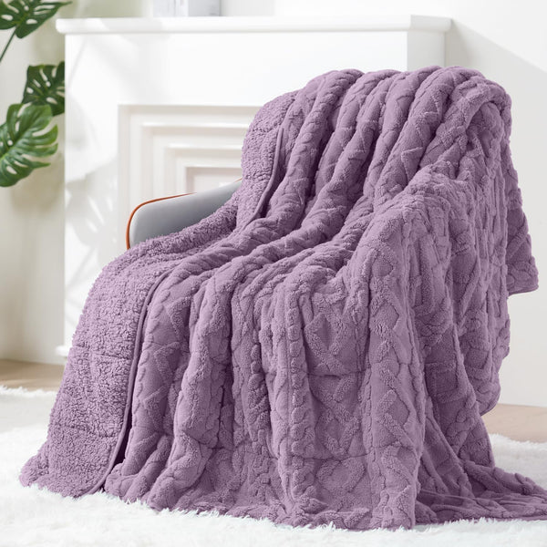 Jacquard Sherpa Weighted Blankets | Chunky Knitting Stripe | Purple