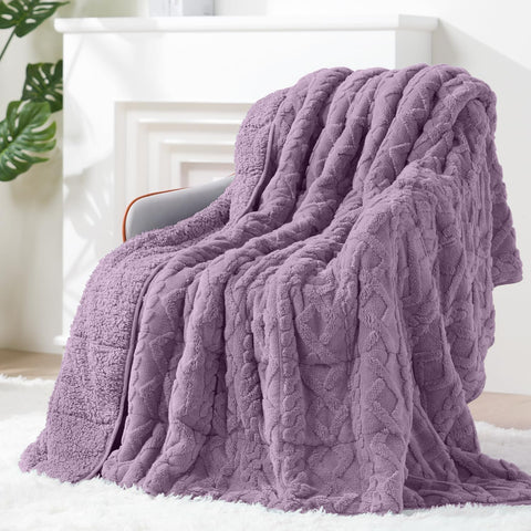 Jacquard Sherpa Weighted Blankets | Chunky Knitting Stripe | Purple
