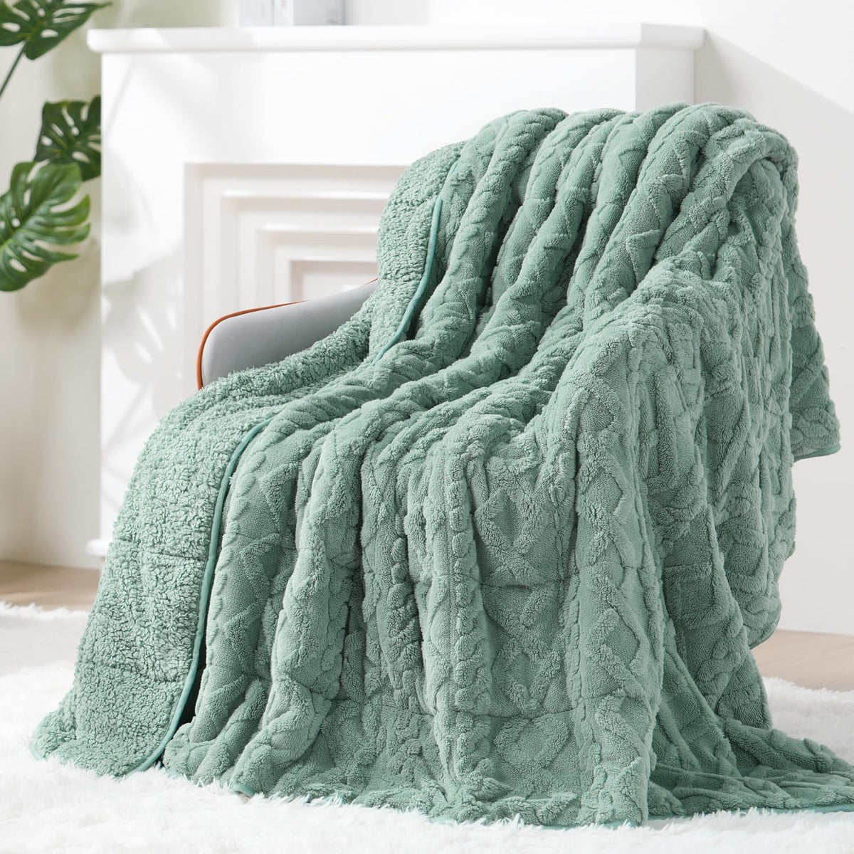 Jacquard Sherpa Weighted Blankets | Chunky Knitting Stripe | Green