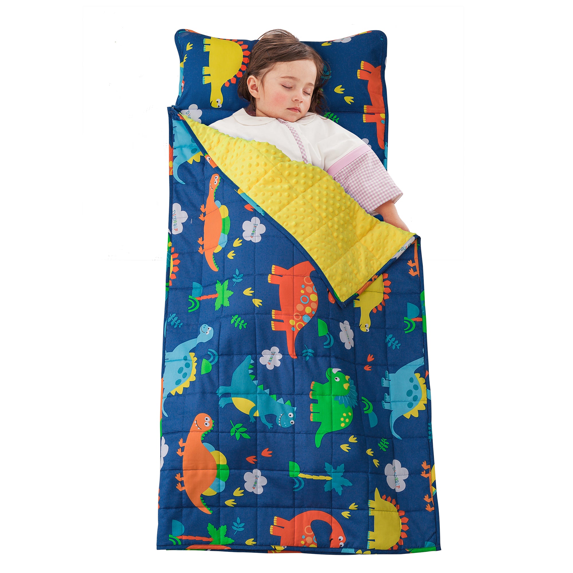 Uttermara 2-in-1 Nap Mat with Weighted Blanket for Kids Blue Dinosaur 50" x 20"