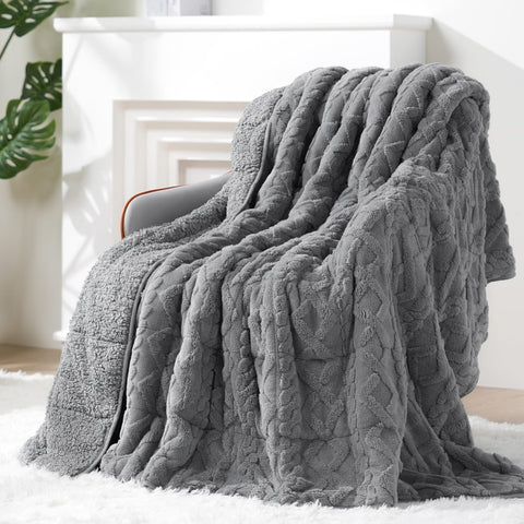 Jacquard Sherpa Weighted Blankets | Chunky Knitting Stripe | Gray
