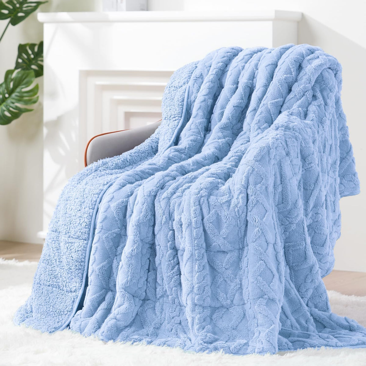 Jacquard Sherpa Weighted Blankets | Chunky Knitting Stripe | Blue