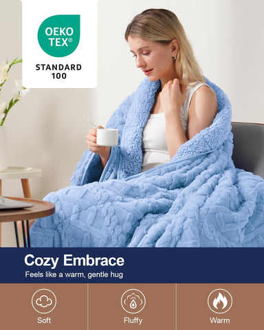 Jacquard Sherpa Weighted Blankets | Chunky Knitting Stripe | Blue