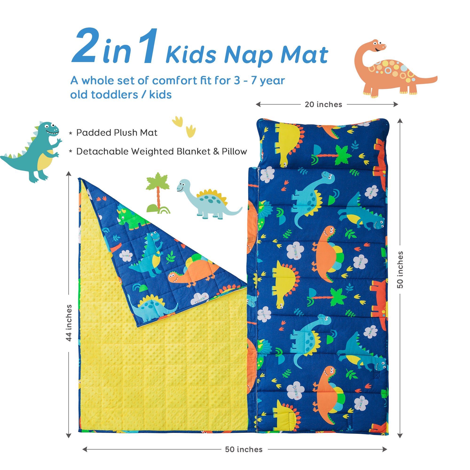 Uttermara 2-in-1 Nap Mat with Weighted Blanket for Kids Blue Dinosaur 50" x 20"