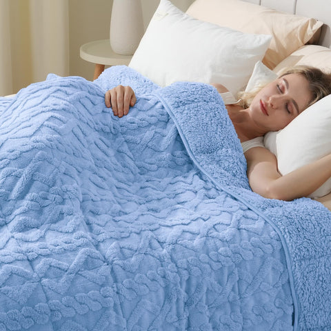 Jacquard Sherpa Weighted Blankets | Chunky Knitting Stripe | Blue