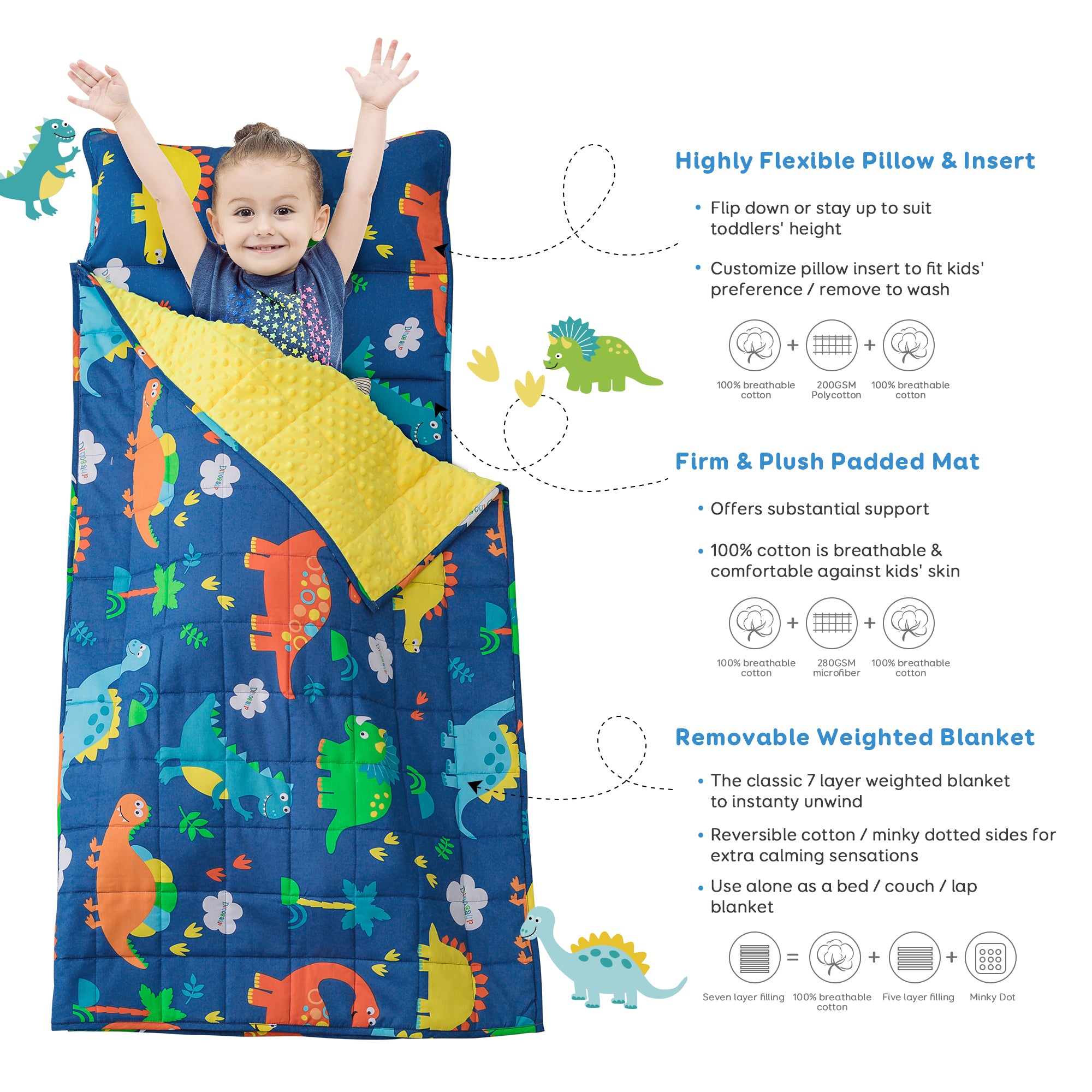 Uttermara 2-in-1 Nap Mat with Weighted Blanket for Kids Blue Dinosaur 50" x 20"