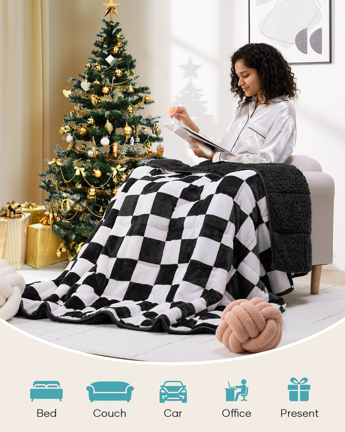 Soft Fluffy Heavy Checkerboard Blankets with Plush Flannel Top