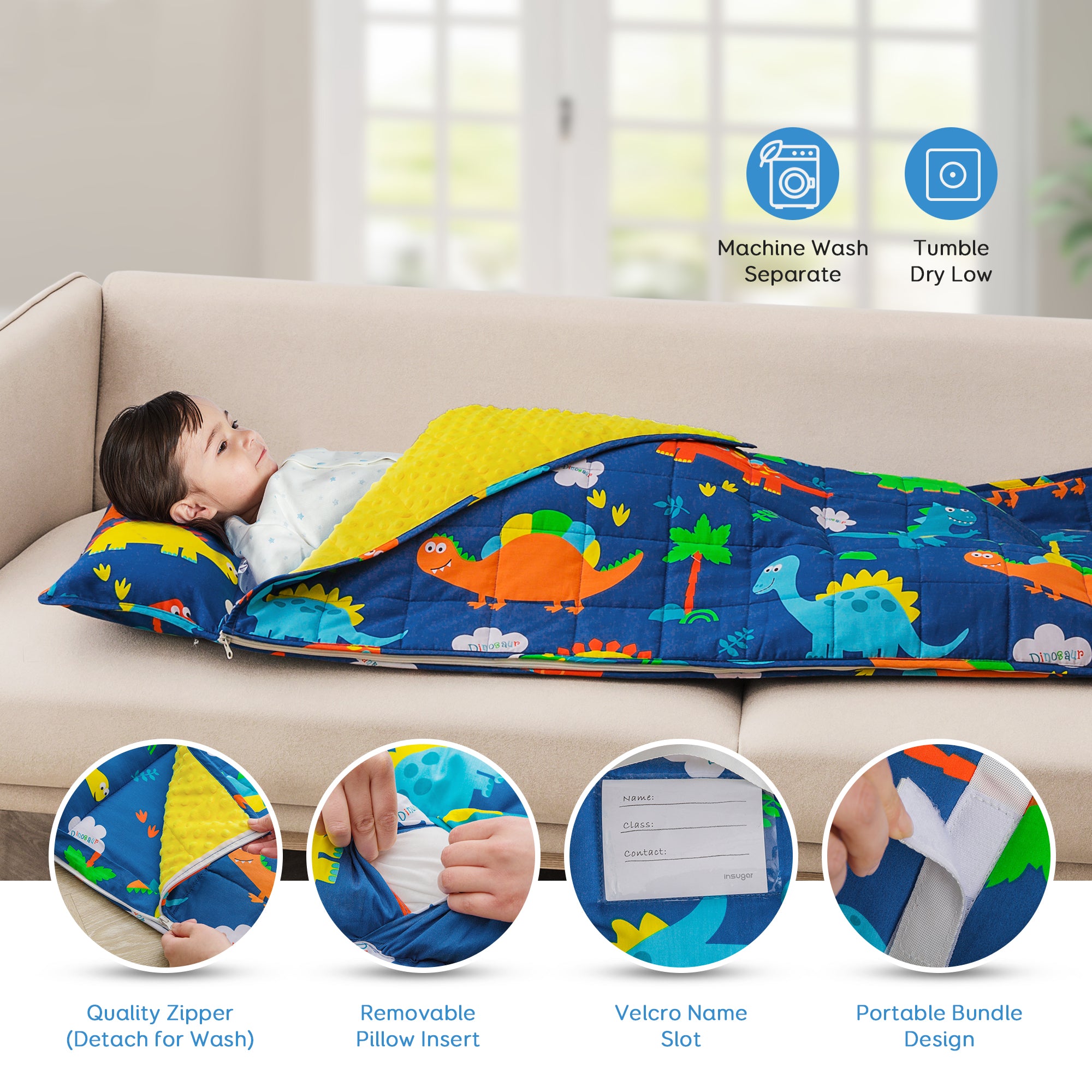 Uttermara 2-in-1 Nap Mat with Weighted Blanket for Kids Blue Dinosaur 50" x 20"