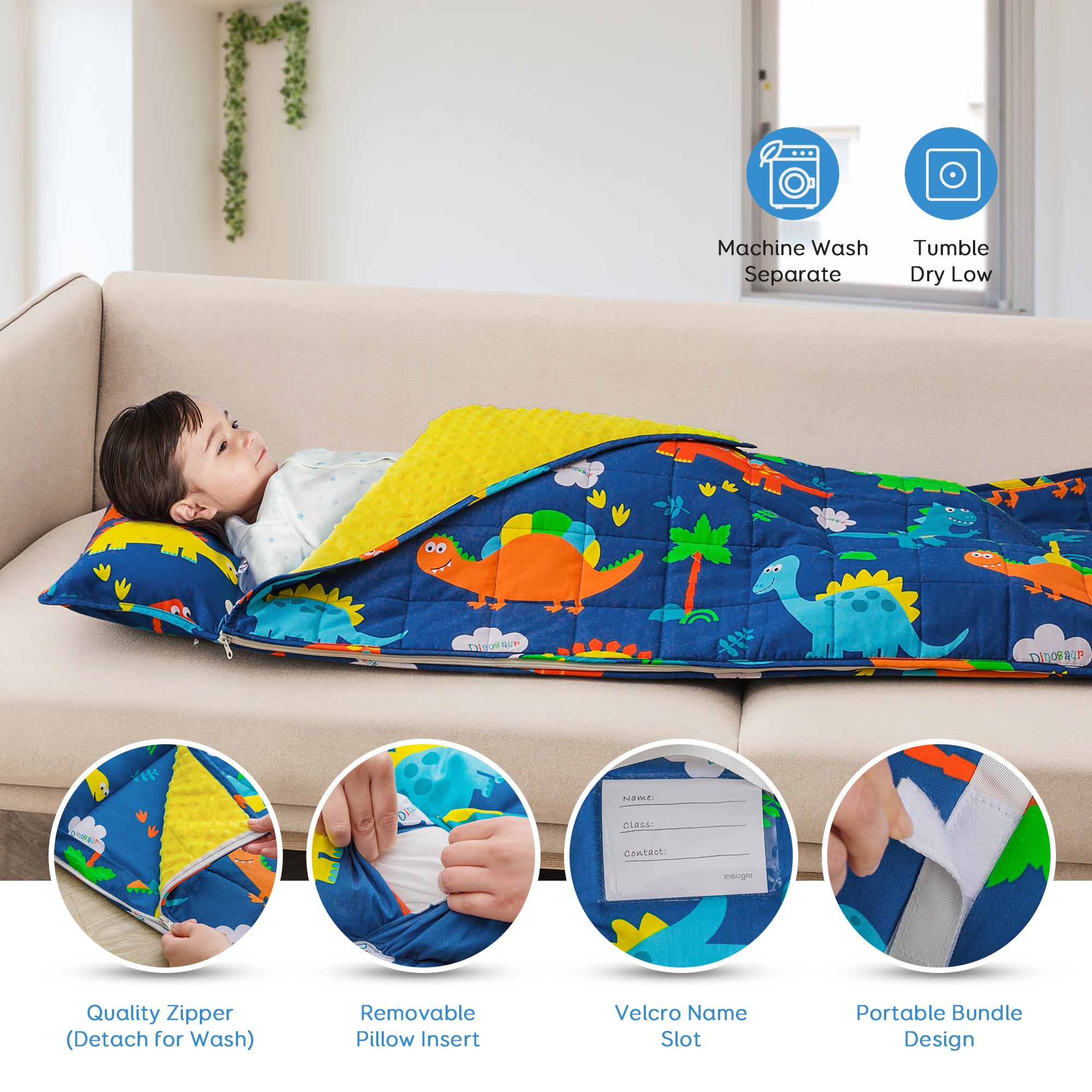 Uttermara 2-in-1 Nap Mat with Weighted Blanket for Kids Blue Dinosaur 50" x 20"