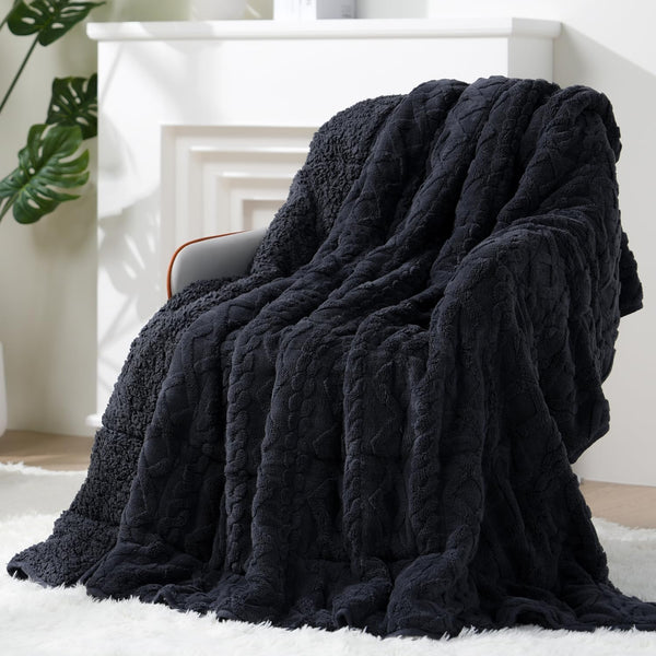 Jacquard Sherpa Weighted Blankets | Chunky Knitting Stripe | Dark Grey