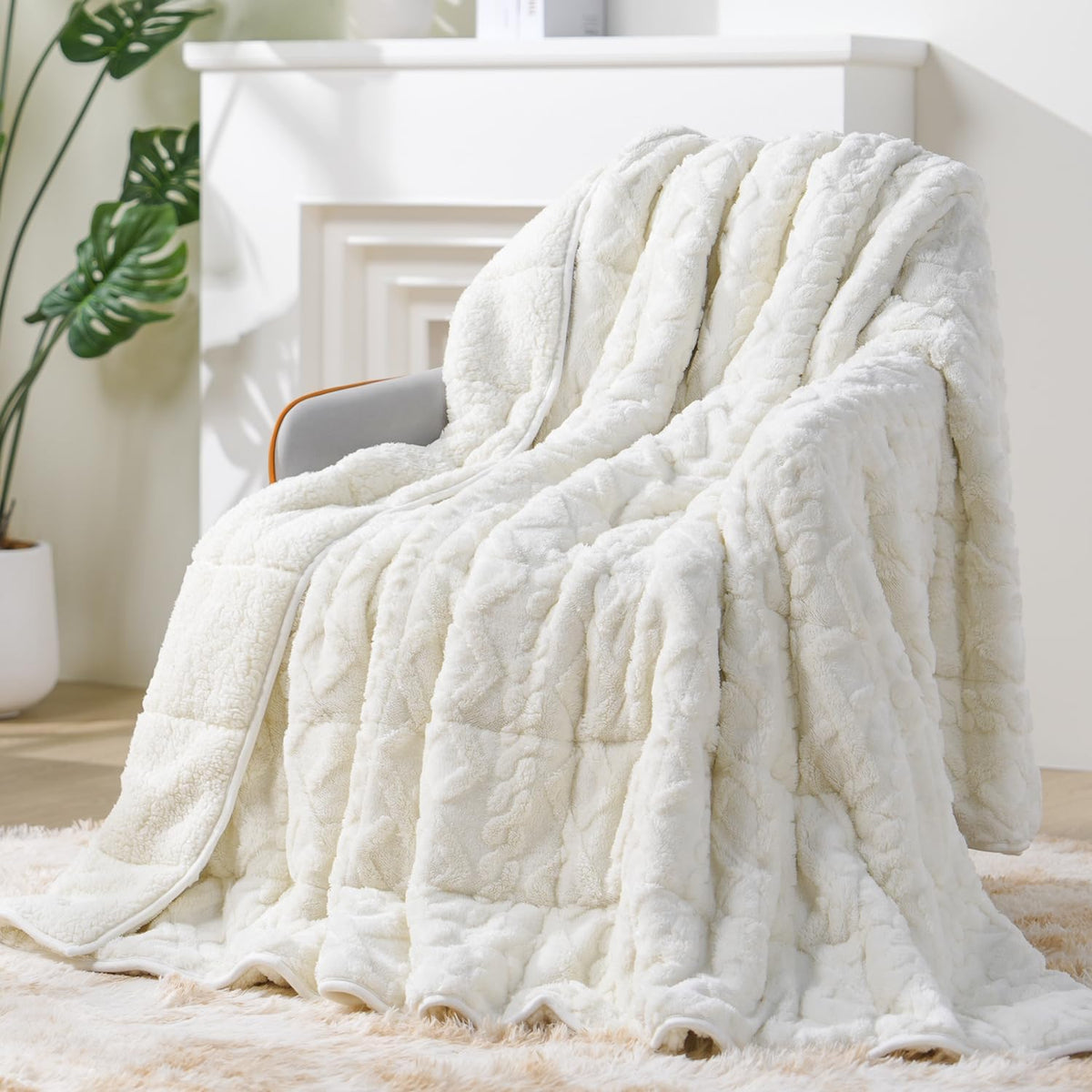 Jacquard Sherpa Weighted Blankets | Chunky Knitting Stripe | White