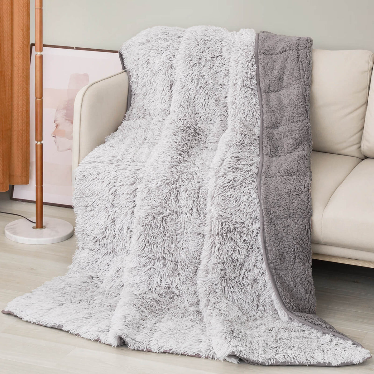 Sherpa Faux Fur Weighted Blanket | Grey Backprint