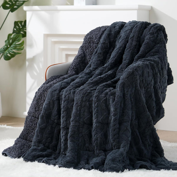Jacquard Sherpa Weighted Blankets | Chunky Knitting Stripe| Navy Blue