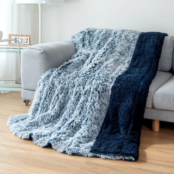 Sherpa Faux Fur Weighted Blanket | Navy Blue Backprint