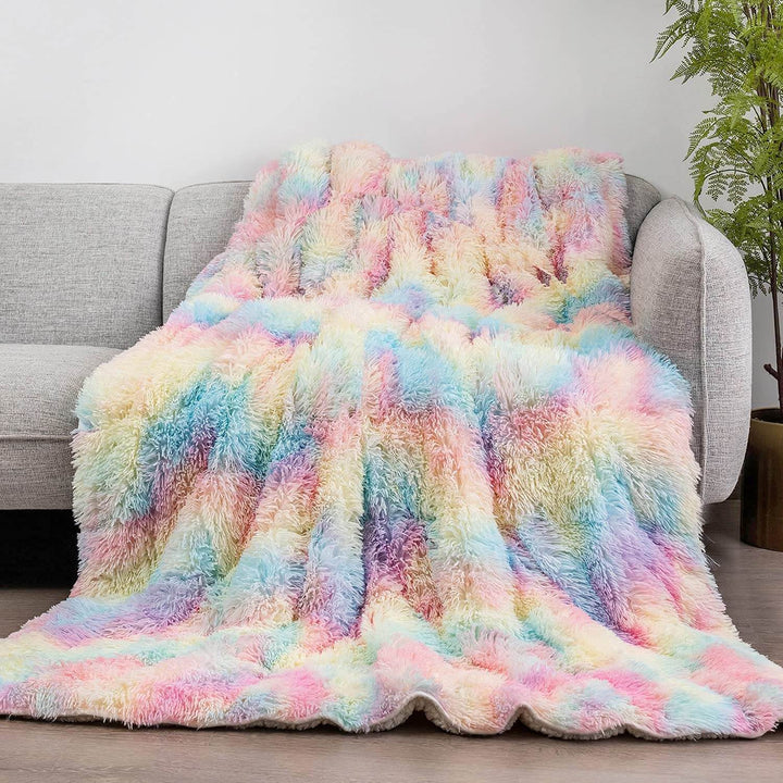Uttermara Weighted Blanket Queen Size 12/15/20 lbs for Adults , Long Shaggy Faux Fur and Cozy Warm Sherpa Reverse Weighted Blankets for Winter, Thick Heavy Blanket for Sofa Bed, Rainbow-009