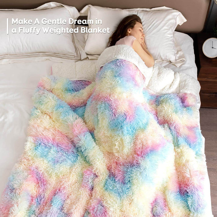 Uttermara Weighted Blanket Queen Size 12/15/20 lbs for Adults , Long Shaggy Faux Fur and Cozy Warm Sherpa Reverse Weighted Blankets for Winter, Thick Heavy Blanket for Sofa Bed, Rainbow-007